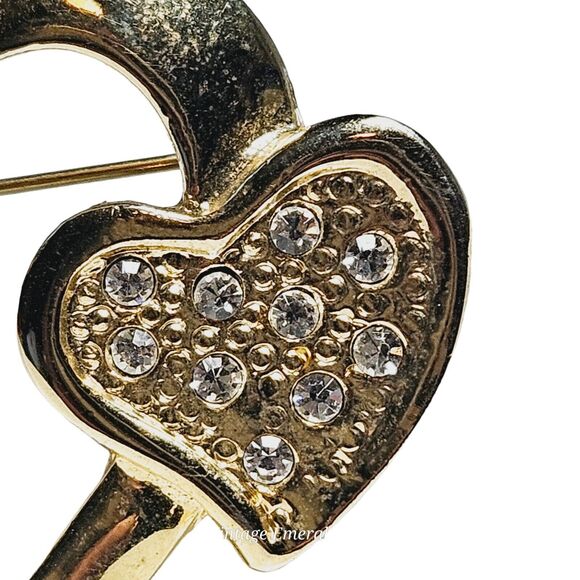 Vtg Overlapping Hearts Brooch Double Love Connection Rhinestones Pin Gold Tone - Picture 4 of 7